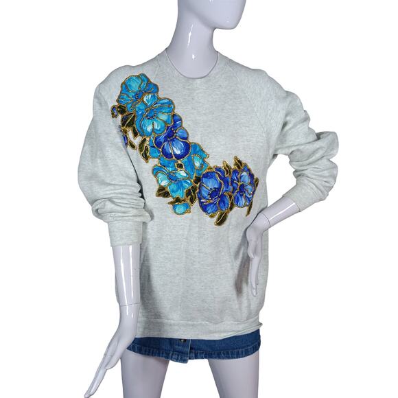 Vintage Single Stitch 90s Puffy Paint Handmade Sweatshirt Large Gray Floral - Picture 3 of 8
